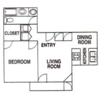 Floor plan for 1 bed, 1 bath, 675 sqft